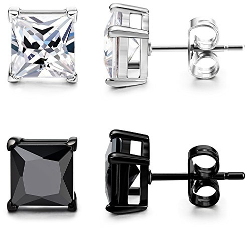ORAZIO Black Silver Earrings for Men,Stainless Steel Cubic Zirconia Earrings 20G Mens Earrings Hypoallergenic CZ Earrings Studs Trendy Square Earring Studs Set 4-8MM,CZ 5MM