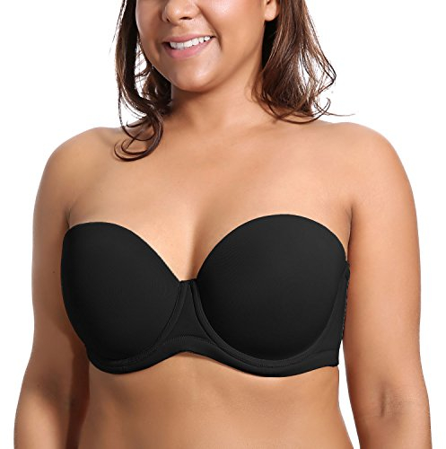 Delimira Women's Strapless Bra Push Up for Bigger Bust Multiway Underwire Smooth Bandeau Bra Black 42F