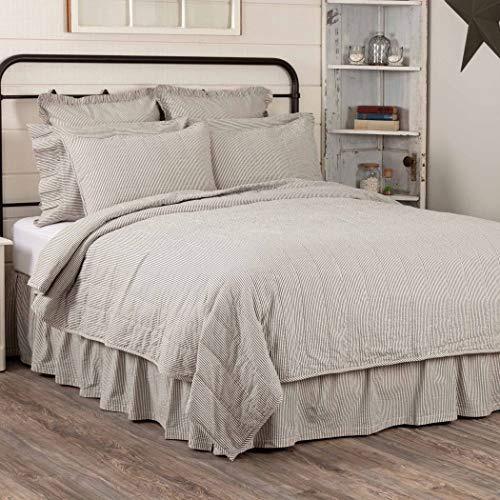 VHC Brands Hatteras Seersucker Ticking Striped Cotton Americana Bedding Pre-Washed Square Queen Coverlet, Quilt 94x94, Denim Blue