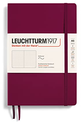 LEUCHTTURM1917 362844 Notizbuch Medium (A5), Softcover, 123 nummerierte Seiten, Port Red, Dotted