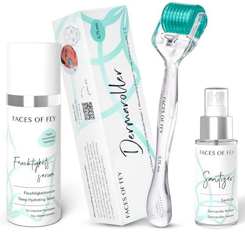 FACES OF FEY Microneedling Set Body – Dermaroller 0,75 mm mit ECHTEN 192 Nadeln gegen Dehnungsstreifen, Cellulite & Hautstraffung + Feuchtigkeitsserum & Sanitizer