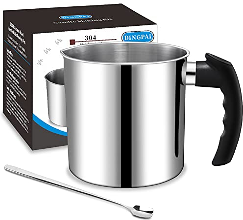 DINGPAI Candle Making Pouring Pot, 44oz Double Boiler Wax Melting Pot, 1pc Spoon, 304 Stainless Steel Candle Making Pitcher, Silver Color with Heat-Resistant Handle and Dripless Pouring Spout Design