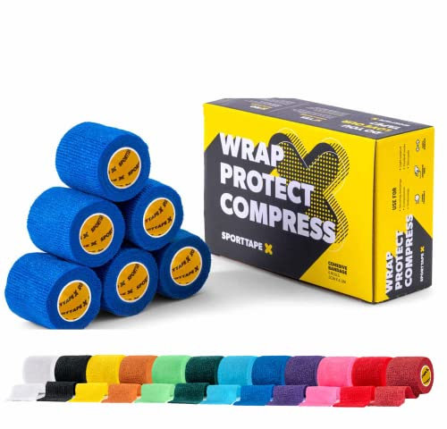 SPORTTAPE bandage cohésif 5 cm x 4,5 m – Bleu | Lot de 6 rouleaux auto-adhésifs pour chaussettes et protège-tibias de football | Bande de compression élastique et bandage vétérinaire