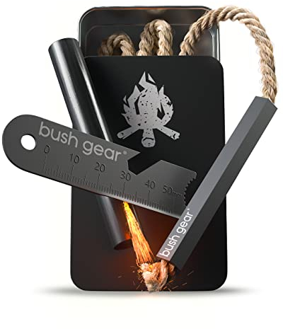 Bush Gear Outdoor Feuerstahl-Set & Zunder in Aluminiumdose inkl. 2X Ersatz-Zunder - Feuerstarter Set für Outdoor Survival Camping Kit - Feuerstein für jedes Wetter - 60 Minuten Brenndauer pro Docht