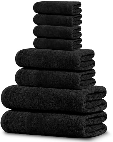 Tens Towels Pack of 8 Towels Set, 2 Extra Large Bath, 2 Hand, 4 Washcloths, 100% Cotton, Lighter Weight, Quicker to Dry, Super Absorbent, Perfect for Bathroom, Black
