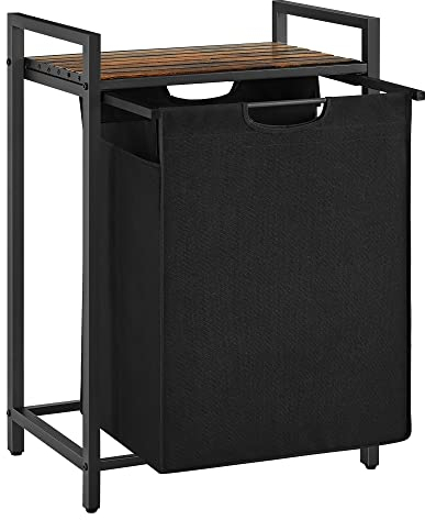 VASAGLE Laundry Basket, Laundry Hamper, Pull-Out and Removable Liner Bag, Shelf, Metal Frame, 65 L, 50 x 33 x 72 cm, Ink Black and Rustic Brown BLH101B01