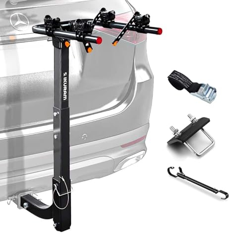 2 Bike Rack Bicycle Carrier Racks Hitch Mount Double Foldable Rack for Cars Truck SUV Fits 2 Receiver, Tie Down Strap, Anti-Rattle Hitch Tightener & Bicycle Cross-bar Adapter for Kid’s Bike