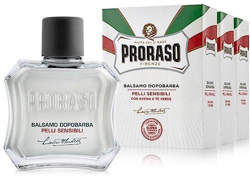 Proraso Balsamo Dopobarba Uomo Pelli Sensibili, 3 x 100ml, Dopobarba uomo con estratti di Avena e Tè Verde, Effetto calmante, Senza alcol, Made in Italy