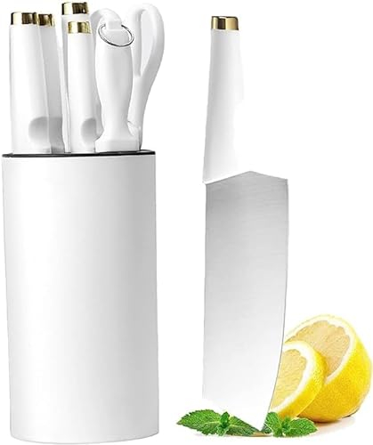 Set di coltelli da cucina con blocco, set di 7 coltelli da chef in acciaio inox ad alto tenore di carbonio, set di coltelli bianchi con affilatrice e forbici per tagliare a dadini