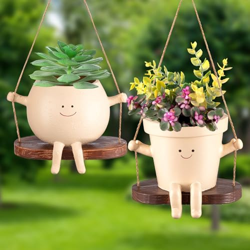 Domensi 2 macetas colgantes de cara oscilante, lindas macetas para plantas vivas al aire libre e interior, macetas de resina para suculentas para cuerda, bonitas macetas con agujero de drenaje, regalo