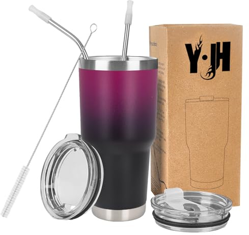 Y·J&H resebehållare med dubbla väggar, vakuumisolerad kaffemugg i rostfritt stål med 2 stänksäkra lock, 2 sugrör och gratis rengöringsborste, BPA-fri