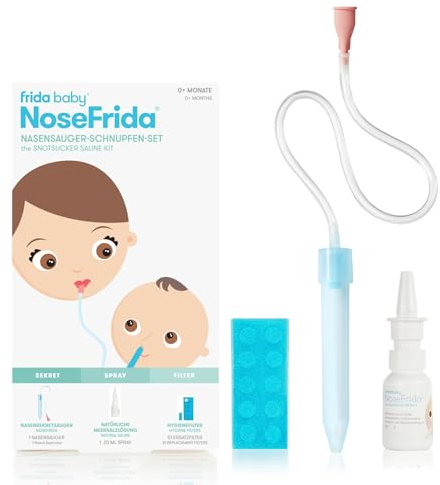 Frida Baby Nasensauger Set | NoseFrida mit 10 Hygienefiltern & 20 ml Nasenspray | Sanft & nicht-invasiv bei Schnupfen | Spülmaschinenfest, BPA-frei, inkl. Aufbewahrungsbox