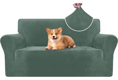 CYCMACO Samt Sofa Überzug 2 Sitzer, Sofabezug Elastische, Couch Überzug Haustier Katze Hunde, Universal Sofa Cover Moderne, Sofahusse Mit Armlehnen, Sofaschoner rutschfest, Hellgrün