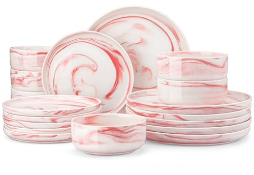 MALACASA 18 Piece Porcelain Dinner Sets for 6 People, Marble Pink Plates and Bowls Sets Chip Resistant Dinnerware Modern Round Dinner Service Set, Dishwasher & Microwave Safe, Series Luna
