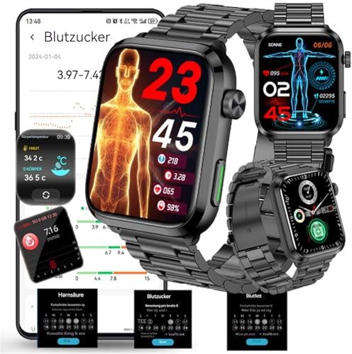 Fohatu Smartwatch 𝐛𝐥𝐮𝐭𝐳𝐮𝐜𝐤𝐞𝐫𝐛𝐥𝐮𝐭𝐳𝐮𝐜𝐤𝐞𝐫𝐦𝐞𝐬𝐬𝐮𝐧𝐠𝐃𝐢𝐚𝐛𝐞𝐭𝐞𝐬,fitnessbänder Mit Blutfette Harnsäure Pulsschlag Blutdruck,5ATM Wasserdicht Aktivitätstracker, black steel
