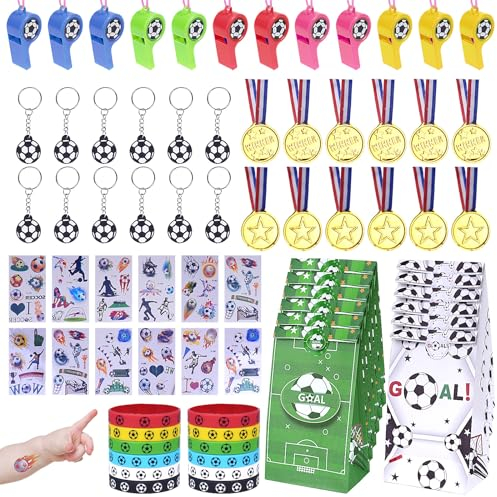 MOSTFUN 72 Stück Fußball Party Mitgebsel Kinder, Fussball Mitgebsel Jungen Kindergeburtstag mit Schlüsselanhänger Silikonarmband Trillerpfeife Tattoo Aufkleber Trophäen Geschenktüte Fußballparty Deko