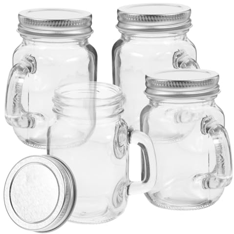 Hoement Glass Jam Bottles with Lid and Handle Mini Mason Jar Cups 4 pack Clear Sealing Jars for Jam Honey Fruits Desserts Kitchen Storage Picnics Camping and Drinks