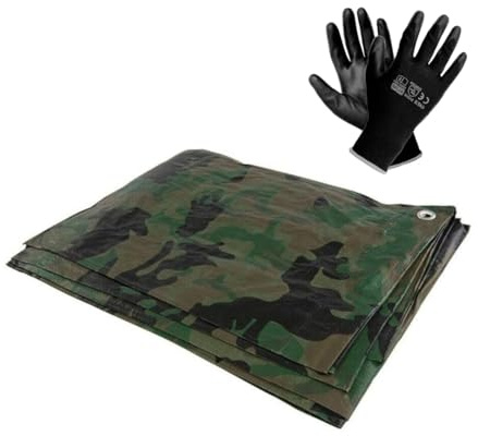 1.5 x 2 m Tarpaulin Cover - Camo 85GSM - Waterproof, Weatherproof, Frost-Resistant, UV Protection, Multipurpose, Universal Groundsheet and Pair of Work Gloves