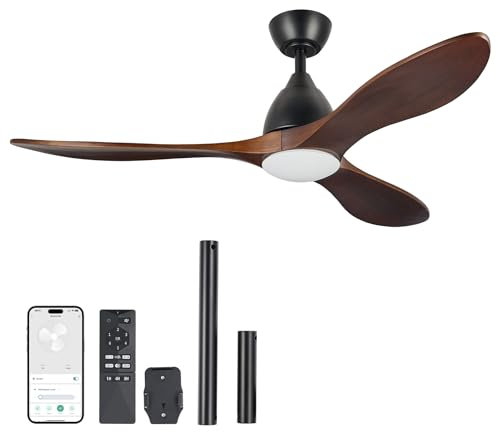 VONLUCE Ceiling Fans with Lights, 132 cm Smart Modern Ceiling Fan with Remote Control, Alexa Google App Compatible Indoor Outdoor Wood Ceiling Fan with 3 Blades Reversible for Bedroom Patio, Walnut