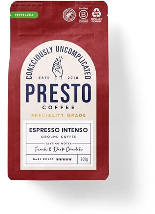 Presto Coffee Espresso Intenso Ground Coffee Multipack | 2 x 200g Packs | Treacle & Chocolate Notes | Dark Roast Level 5/5 | 50% Arabica / 50% Robusta Rainforest Alliance Certified | Fully Recyclable