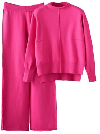 Conjunto cálido de 2 piezas para mujer, conjunto de manga larga y pantalones deportivos para mujer, conjunto de suéter de punto, fucsia, Altoa única