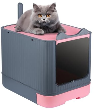 Bandeja de arena para gatos y casa de inodoro cerrada plegable - Bandeja de arena con cajón con bolsa desodorizante - Bandeja de arena para gatos, resina PP, pala de arena + bolsa desodorante (rosa)