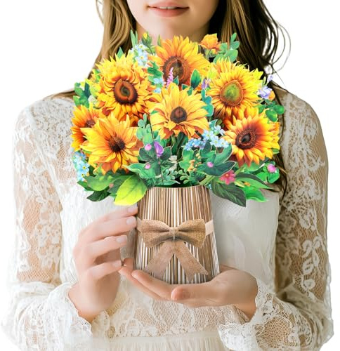 Biglietto pop-up di girasole, bouquet di fiori 3D con girasoli gialli brillanti, design a cesto in carta intrecciata, per compleanni, anniversari o semplicemente perché, include busta e biglietto