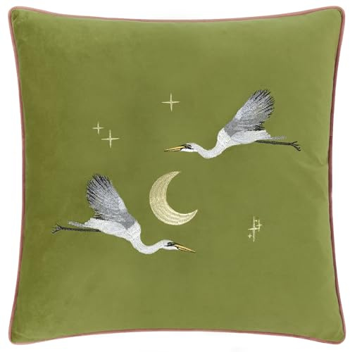 Paoletti Moonlit Flight Embroidered Velvet Cushion Cover - Olive - 45x45cm