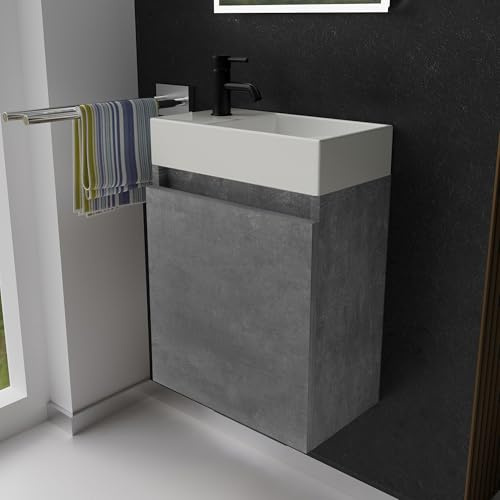 Alpenberger Gäste WC Waschbecken mit Unterschrank 45 cm | Badezimmerschrank Schmal | Badmöbel Set Waschplätze für Kleine Bäder | Waschbeckenunterschrank (Cement, Waschbecken - Rechte Seite)