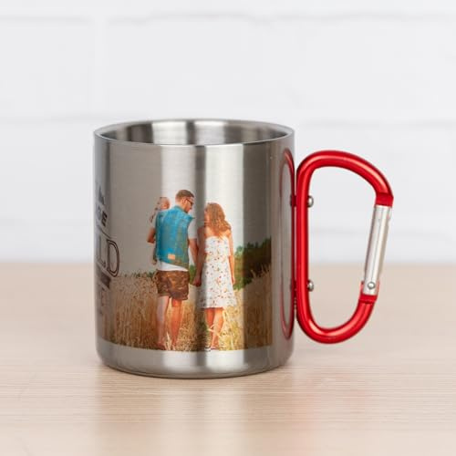 Wanapix | Tasse en Acier Imprimée avec Mousqueton | Capacité 30 cl | Personnalisée par Impression en Couleur | Tasse pour le Camping et la Montagne | Imprimée avec n'importe quel Texte ou Image