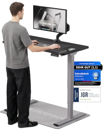 DESKSPACE PRO Plus Elektrisch höhenverstellbarer Schreibtisch (120x60 cm) | Bürotisch mit Kollisionsschutz, Memory-Funktion, USB-Anschluss, 10 Jahre Garantie (Gestell grau, Tischplatte schwarz)