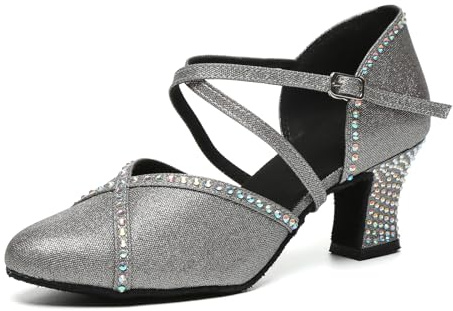 RUYBOZRY Zapatos Baile Latino Mujer Cerrados Zapatos de Baile Mujer Salsa y Bachata Suela de Ante Tacón de 6cm Gris EU 37