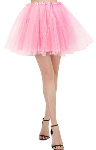 BALAYSIER Tutukjolar för flickor och kvinnor fodrad tyllkjol med stjärnpaljetter klassisk 4 lager elastisk balett-tutu för dans cosplay fester, Rosa, one size