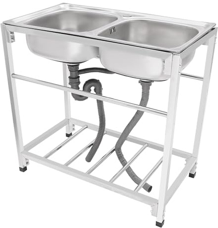 Fregadero con armario inferior, 2 cuencos, 83 x 44 x 77 cm, acero inoxidable, para exteriores, capacidad de carga de 75 kg, fregadero independiente, fregadero de camping, fregadero de 3 cm de altura