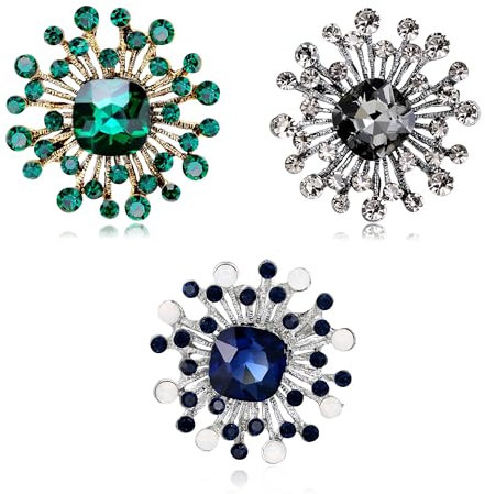 Fubuuf 3 Stück Broschen für Frauen Kristall Vintage Damen Schmuck Broschen Durchbrochene Geometrische Strass Stecknadeln für Kleidung, Hochzeit, Geschenke (Grün, Grau, Blau)