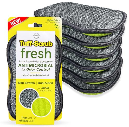 Tuff-Scrub, Fresh Antimicrobial Microfiber Scrub-N-Wipe Sponge Pads, Fabric Treated with SILVADUR Antimicrobial Technology and Charcoal-Infused Foam, 6-Pack Green Large Size Pads