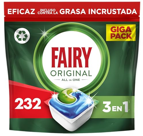 Fairy Original Todo En Uno Pastillas Lavavajillas, 232 Capsulas, Elimina Grasa Reseca, Detergente Lavavajillas con Aroma a Limpio y Fresco