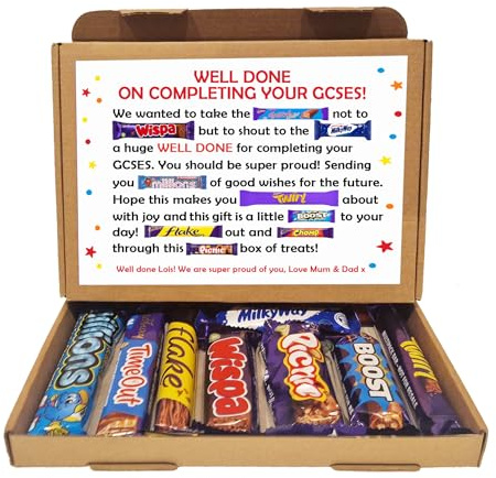 Personalised Exam Good Luck Treat Box/SATS/GCSES/A Levels / 11+ Good Luck Treat Letterbox Gift Hug in a Box Chocolate Poem Unique (Well Done GCSE's, We/Us)
