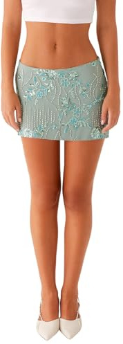 Women Y2k Sequin Mini Skirt Glitter Low Rise Beaded Skinny Short Skirts Sparkly Bodycon Pencil Skirt for Party Night Out Streetwear (A-Green, L)