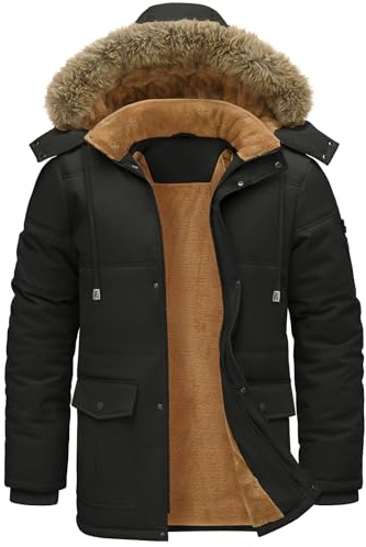 Lonya Parka Hombre Invierno Repelente al agua Chaqueta Forro Polar Giacca Cálido Abrigos Cortavientos Casual Giacche con Cappuccio Negro,XL