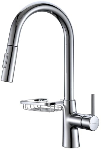 KeeGone Wasserhahn Küche, Hochdruck Küchenarmatur mit ausziehbarer Brause Spültischarmatur ausziehbarer Wasserhahn mit Aufbewahrungskorb 360° schwenkbar zwei Brausefunktionen Silber