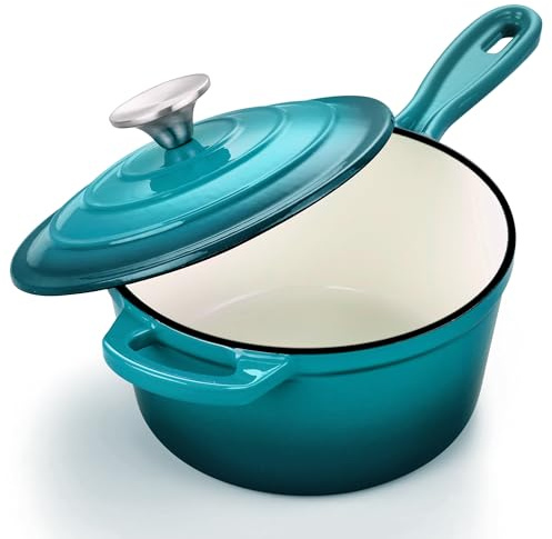 Leonyo - Sartén de hierro fundido esmaltado de 3 cuartos con tapa, olla grande de hierro fundido holandés, utensilios de cocina para todas las cocinas, pasta, sopa, leche, hasta 260.0 °C y 8 bs, verde