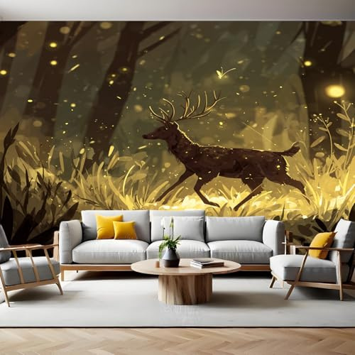 Jaune Clair Papier Peint Intissé 200x140 cm cerf sauvage de la forêt Papier Peint Panoramique Mural Affiche Géante Décoration Murale Photo Salon Chambre D'enfant Décor Fond TV