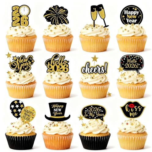 BHSTTNIXP 24 PCS New Year Eve Decorations 2026 Cupcake Toppers,Black Gold Cake Topper for Happy New Year 2026 Decorations Party Supplies Photo Booth Props