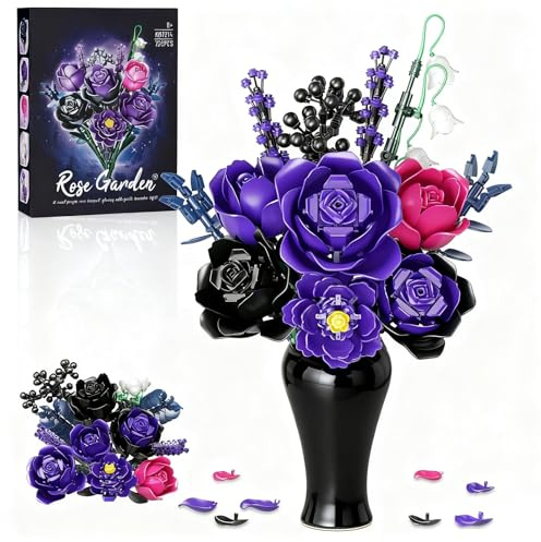 GXJTYYBS Blumen Rosenstrauß Purple Rose Klemmbausteinen Baustein，Kompatibel Mit Flower Pflanzen deko für Valentinstag, Geburtstag Geschenk für Erwachsene und Mädchen ab 8-16+ 726PCS