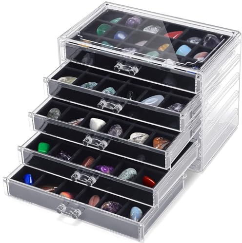 GAESHOW 90 Fächer Rock Vitrine, Rock Sammelbox mit 5 Schubladen, Edelstein-Vitrine Sammelbox, Transparente Aufbewahrungsbox für Schmuck, Kristall, Edelsteine, Steine, 23.5x13.5x17cm, Schwarz