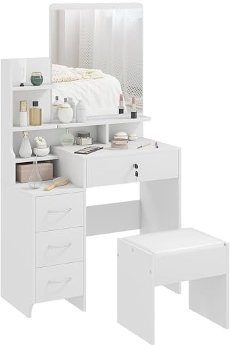 HOMCOM Postazione Trucco con Specchio Grande in Vetro Temperato, Toeletta Trucco con Sgabello Imbottito, 4 Cassetti e 4 Ripiani, Postazione Make Up per Camera da Letto, Bianco