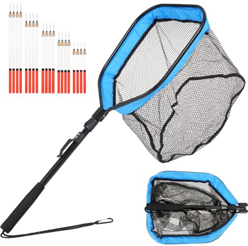 Wensdr Floating Fishing Net with 20 Pcs Float Set 5 Size Waggler Floats Tackle Accessories Collapsible Foldable Fishing Landing Net for Catching Fish Trout Carp in Pond River Sea