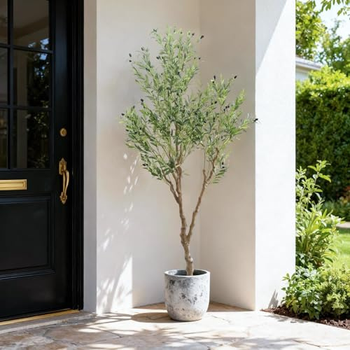 Olivier artificiel - 210 cm - Plante artificielle réaliste en pot blanc - Résistant aux UV - Pour l'intérieur et le jardin - Décoration de salon, bureau, maison