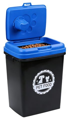 Greenfields 40L/15KG - Pet Food Storage Airtight Storage Container with Flip Top Locking System - Integrated Scoop Food Dispenser Bin, Birds, Pets, Cat, Dog, Fish, Pellet (Black/Blue)